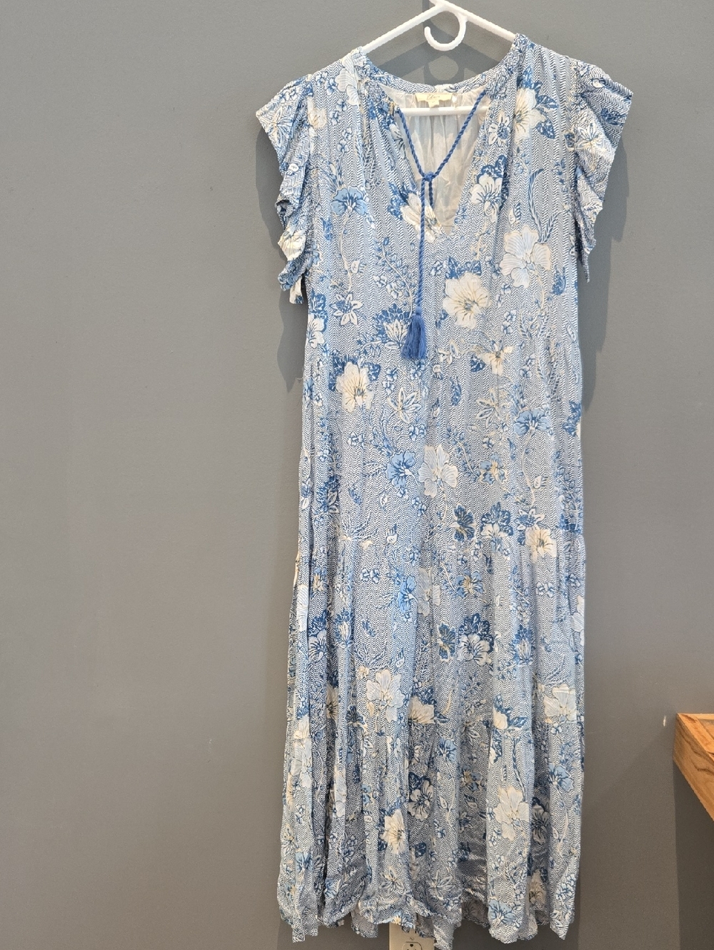Elan Blue and White Floral Maxi Dress with Tassel V-Neck